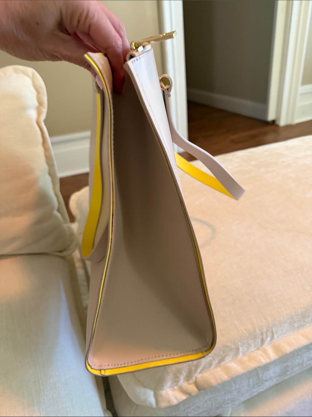 kate spade taupe tote with yellow handles - Picture 3 of 5